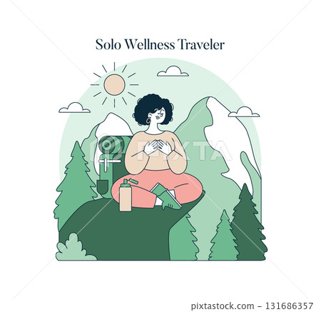 Vector illustration of a solo traveler meditating in nature, sitting on a rock with a serene landscape of mountains and trees in the background, promoting relaxation and mindfulness. Vector illustration of a solo traveler meditating in nature, sitting on a rock with a serene landscape of mountains and trees in the background, promoting relaxation and mindfulness. 131686357