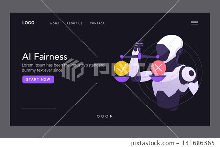 Vector illustration of a robot balancing scales, representing the concept of AI fairness. The image showcases a modern digital theme, focusing on equality and technology. 131686365