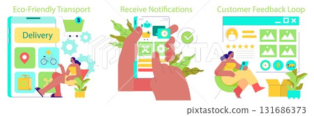 Vector illustration showing eco-friendly transport, receiving notifications, and customer feedback loop. Depicts delivery apps, sustainable transport, and user engagement in a vibrant digital setting. 131686373