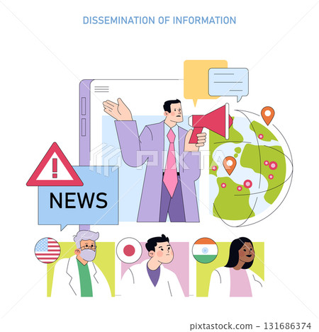 Vector illustration showing a speaker spreading global news using a megaphone. Highlighted are multiple countries and professionals, emphasizing international communication and collaboration. 131686374