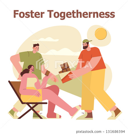 Vector illustration of a group enjoying outdoor togetherness. A friendly scene where one person gives a gift to another, embodying connection and happiness. Minimalist and colorful. 131686394