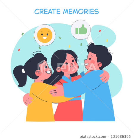 Vector illustration depicting three people sharing a group hug with cheerful expressions. Speech bubbles show a thumbs up and a smiley, emphasizing happiness and positive connection. Vector illustration depicting three people sharing a group hug with cheerful expressions. Speech bubbles show a thumbs up and a smiley, emphasizing happiness and positive connection. 131686395