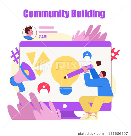 Creative vector illustration of community building. Features an individual holding a pencil, surrounded by engaging symbols like a megaphone and lightbulb, symbolizing idea growth. Creative vector illustration of community building. Features an individual holding a pencil, surrounded by engaging symbols like a megaphone and lightbulb, symbolizing idea growth. 131686397