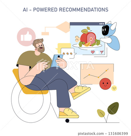 Vector illustration of a person receiving AI-powered recommendations on a digital device. The image shows a digital assistant with a thumbs-up icon and analytics charts, conveying a sense of modern 131686399