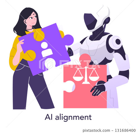Vector illustration of a person and robot aligning puzzle pieces representing AI alignment and collaboration. The image highlights cooperation and technology integration for future progress. 131686400