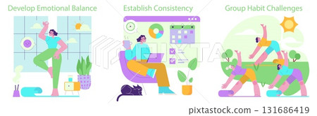 Vector illustration depicting three wellness habits: yoga for emotional balance, using a laptop for consistency, and group exercises outdoors for collective challenges and well-being. 131686419
