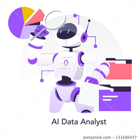 Vector illustration of a futuristic AI robot analyzing a pie chart with a magnifying glass, symbolizing data analytics and technology integration. Includes folders representing data management. 131686437