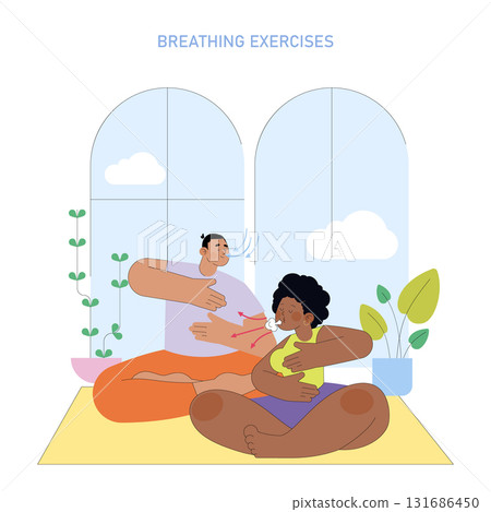 Two individuals practicing breathing exercises together on a yoga mat. This vector illustration highlights relaxation and mindfulness in a serene indoor setting with plants. Two individuals practicing breathing exercises together on a yoga mat. This vector illustration highlights relaxation and mindfulness in a serene indoor setting with plants. 131686450