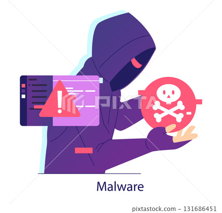 Vector illustration showing a hooded figure engaged in a malware threat. The scene emphasizes cybersecurity risks with symbolic icons indicating computer hacking and data breaches. Vector illustration showing a hooded figure engaged in a malware threat. The scene emphasizes cybersecurity risks with symbolic icons indicating computer hacking and data breaches. 131686451