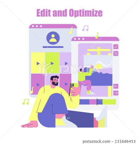 Digital content creator uses smartphone for multi-tasking between video editing and design on colorful screens. Vector illustration with focus on creativity and technology use. Digital content creator uses smartphone for multi-tasking between video editing and design on colorful screens. Vector illustration with focus on creativity and technology use. 131686453