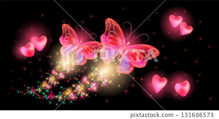 Flying two transparent butterflies with sparkle and blazing trail with glowing hearts and sparkle stars in cosmic space. Valentine day card design. Flying two transparent butterflies with sparkle and blazing trail with glowing hearts and sparkle stars in cosmic space. Valentine day card design. 131686573