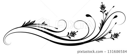 Floral ornament with leaves and abstract wave lines. Graceful element for decor and greeting or invitation card design 131686584