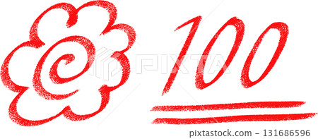 Red crayon touch flower circle and 100 point icon set 131686596