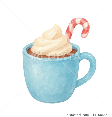 Watercolor illustration of blue cup filled with hot chocolate topped with whipped cream and red and white striped candy cane, evoking cozy winter warmth and festive cheer Watercolor illustration of blue cup filled with hot chocolate topped with whipped cream and red and white striped candy cane, evoking cozy winter warmth and festive cheer 131686639