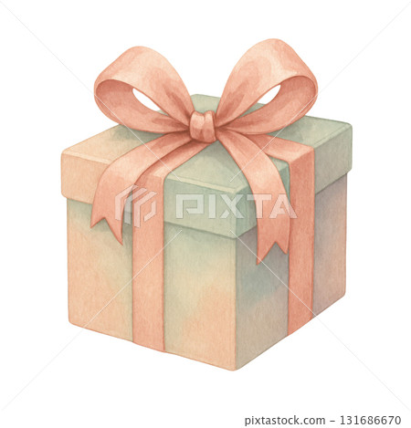 Watercolor illustration of pastel gift box wrapped with soft pink silky ribbon and bow, perfect for celebrations and special occasions with delicate and charming look 131686670