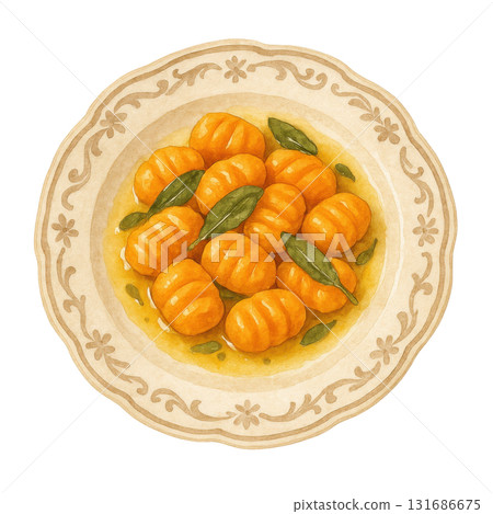 Watercolor illustration of pumpkin gnocchi with sage butter on vintage plate, showcasing warm and comforting autumn dish with rich orange tones and fresh green leaves 131686675