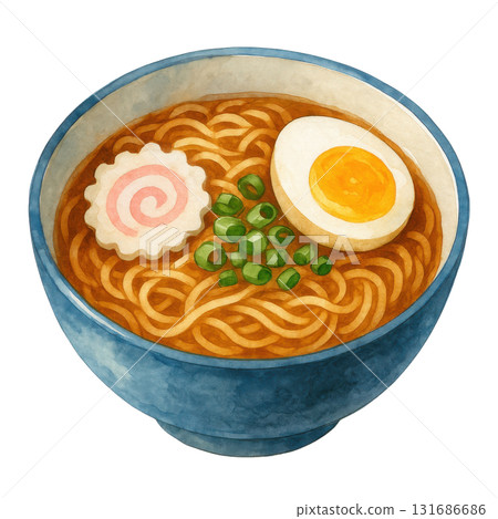 Watercolor illustration of ramen bowl with noodles, boiled egg, fish cake, and scallions in blue bowl, showcasing warm and comforting traditional Japanese noodle soup 131686686