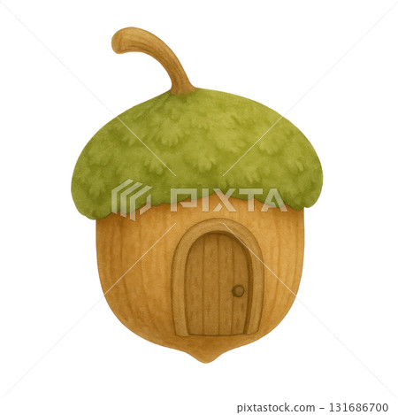 Cozy acorn house with wooden door and green leafy roof, charming small cabin illustration isolated on transparency background, whimsical nature inspired home design 131686700