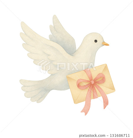 Watercolor illustration of white dove flying with love letter tied with pink ribbon, symbolizing peace and affection in delicate and charming style 131686711