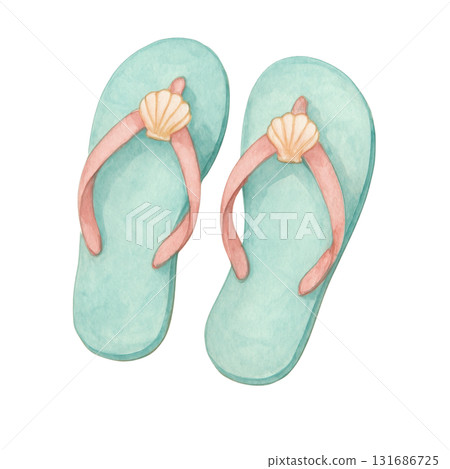 Watercolor illustration of pastel flip flop sandals with seashell decoration and soft texture, evoking gentle and relaxed summer beach vibe 131686725