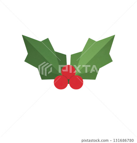 Origami holly leaves with red berries made from folded green paper, sharp geometric shapes create festive and decorative holiday symbol 131686780
