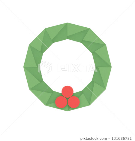 Origami holly wreath icon folded green paper circular wreath with red berries, festive decoration symbol with geometric shapes and clean design for holiday celebration 131686781