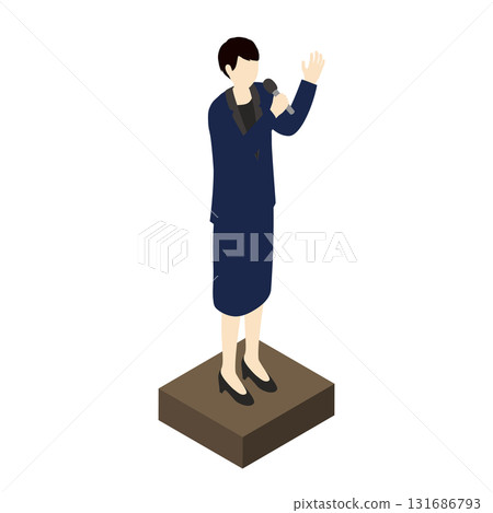 一位女商人在麥克風前發表演講的等距插圖 131686793
