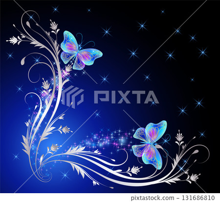 Fairytale night sky with magical blue butterflies and floral ornament and stars. Fantasy sparkle background. 131686810