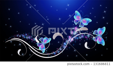 Fairytale night sky with magical blue butterflies and floral ornament and stars. Fantasy sparkle background. 131686811