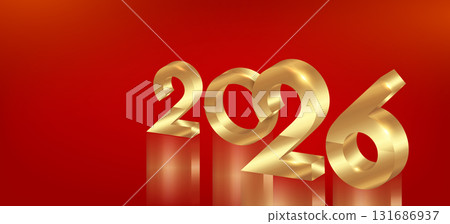 2026 Happy New Year banner, 2026 3D shiny gold numbers, Merry Christmas, Festive sparkle holiday card, luxury invitation on red background, copy space for your text, vector illustration 131686937
