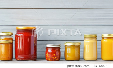 Glass jars filled with various spicy pepper sauces on wooden shelf, background Glass jars filled with various spicy pepper sauces on wooden shelf, background 131686990