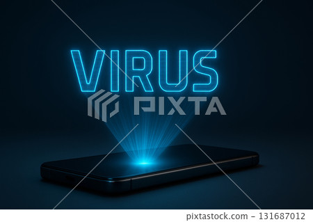 Cybersecurity concept with glowing virus text above smartphone, digital theme Cybersecurity concept with glowing virus text above smartphone, digital theme 131687012