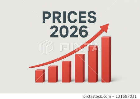 Rising prices chart with red bars and upward arrow in 2026, copy space Rising prices chart with red bars and upward arrow in 2026, copy space 131687031
