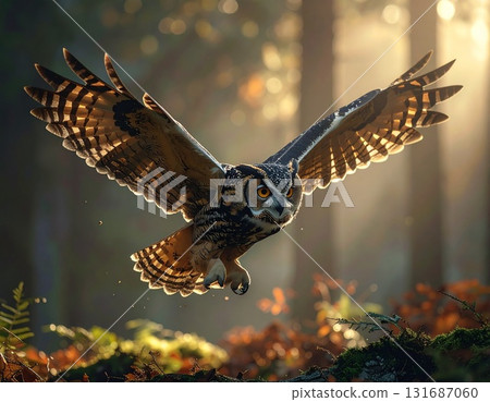 A Great Horned Owl is flying just above the treetops in a forest. The owl is in full flight, wings outstretched. The sunlight creates a dramatic effect, lighting up the feathers. 131687060