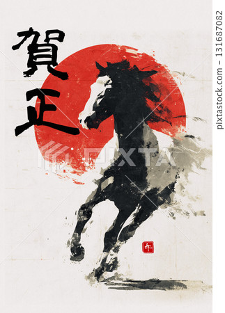 新年賀卡，馬年，水墨風格，馬，日出（無文字） 131687082