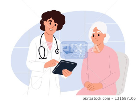 Awareness of the elderly about Alzheimers disease. Consultation, elderly woman and doctor in checkup. Alzheimer's disease awareness month. Awareness of the elderly about Alzheimers disease. Consultation, elderly woman and doctor in checkup. Alzheimer's disease awareness month. 131687106