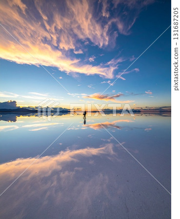 A vast, thin salt lake with the clouds in the sky perfectly reflected on its surface. 131687205