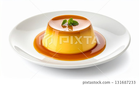 A pudding on a plate on a white background A pudding on a plate on a white background 131687233