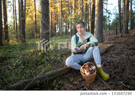 Focused woman capture mushroom basket use smartphone in forest. Digital sharing content blogging 131687290