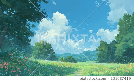 夏季開花草甸與白雲自然景觀背景 131687419