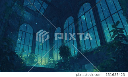 星光與植物閃耀的夢幻玻璃溫室。背景素材 131687423