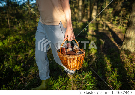 Woman moving along woodland path with full wicker basket with boletus mushrooms during autumn 131687440