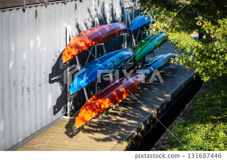 Water sports rental point providing paddleboards sup boards for tourists for river and canal swim 131687446