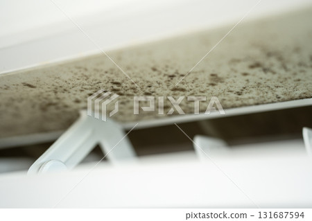 Disgusting mold on dirty surface of conditioner. Dampness in apartment, lack of care for appliances 131687594