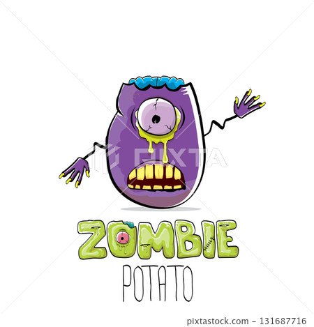 vector funny cartoon spooky violet zombie potato character isolated on white background. Zombie potato vector concept halloween background and label. Dead monster vegetable funky character vector funny cartoon spooky violet zombie potato character isolated on white background. Zombie potato vector concept halloween background and label. Dead monster vegetable funky character 131687716