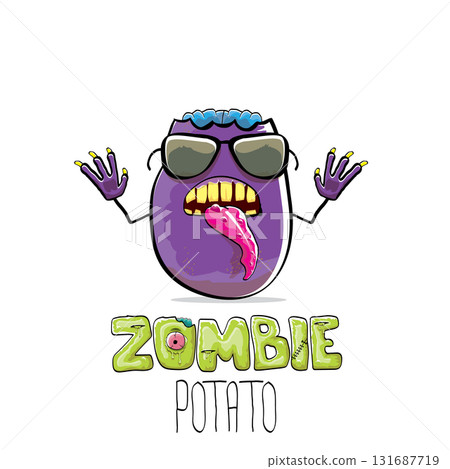 vector funny cartoon spooky violet zombie potato character isolated on white background. Zombie potato vector concept halloween background and label. Dead monster vegetable funky character vector funny cartoon spooky violet zombie potato character isolated on white background. Zombie potato vector concept halloween background and label. Dead monster vegetable funky character 131687719