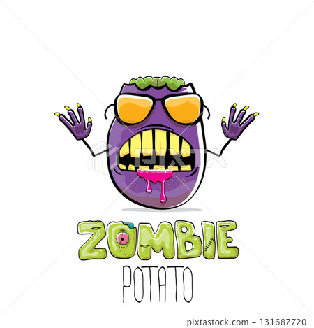 vector funny cartoon spooky violet zombie potato character isolated on white background. Zombie potato vector concept halloween background and label. Dead monster vegetable funky character vector funny cartoon spooky violet zombie potato character isolated on white background. Zombie potato vector concept halloween background and label. Dead monster vegetable funky character 131687720