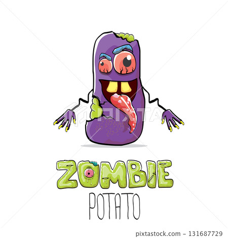 vector funny cartoon spooky violet zombie potato character isolated on white background. Zombie potato vector concept halloween background and label. Dead monster vegetable funky character vector funny cartoon spooky violet zombie potato character isolated on white background. Zombie potato vector concept halloween background and label. Dead monster vegetable funky character 131687729