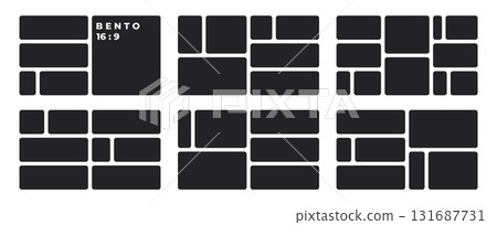 Black square block mosaic backdrop. Geometric tiles, shapes, elements forming seamless puzzle pattern. Vector modular template with gallery frame structure. Design for digital backgrounds. 131687731