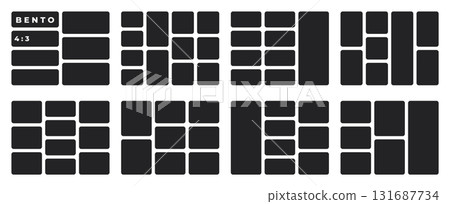 Monochrome bento box layout backdrop. Dark geometric frames, tiles, blocks in organized grid pattern. Vector modular template with simple structure. Background for image collage presentations. 131687734